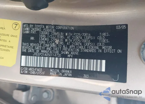 2005 Toyota Highlander V6 z USA, uszkodzony, nr VIN JTEEP21A050114720